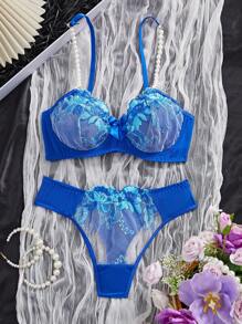 SHEIN 2件套女士蕾丝刺绣性感无钢圈文胸套装 - 藍色 - 查看 1