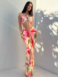 Aloruh Vestido largo con estampado floral, decoración de hebilla de metal hueca y ajustado con lazo en el cuello para mujer, atuendos de playa, vestidos de verano, atuendos de luna de miel, atuendos de vacaciones en la isla, vestidos de sol para mujer