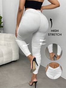 SHEIN SXY Plus Size Sexy White Solid Ruched Leggings - White - View 1