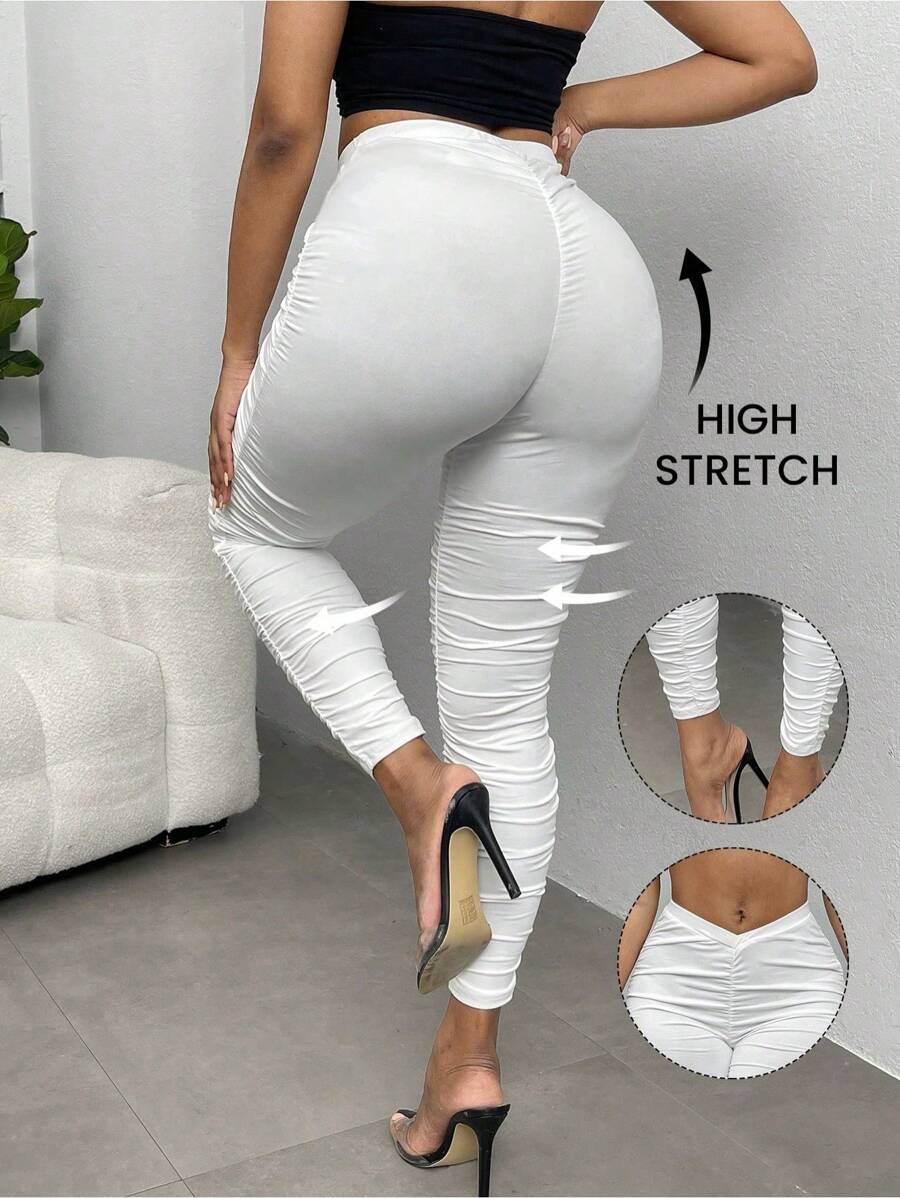 SHEIN SXY Plus Size Sexy White Solid Ruched Leggings - White - View 1