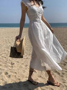 DAZY 女式束腰蕾丝拼接长款度假连衣裙、休闲沙滩裙 - 白色 - 查看 4