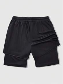 ROMWE MEN Goth 男士街头时尚二合一短裤，水钻英文字母图形印花设计，带有哥特式元素，万圣节