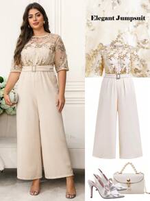 Ellevyn Curvy Plus Size Women's Romantic Elegant Daily Round Neck Short Sleeve Shiny Sequins Decoration Waist Wide Leg Apricot Jumpsuit,Wedding Guest Dress Women,Business Casual Woman,Birthday Outfits For Women,Country Concert Outfit,Festival Outfits For Women,Classy Outfits For Women,Jumpsuits For Woman Elegant,Romper,Jumpsuits For Woman,Bodysuits For Women,Summer Outfits For Women,Summer,Vacation Outfits Woman,Vacation,Women Summer Clothes,Going Out ,Plus Size Women Clothes,Clothes,Curve Plus