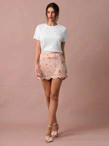 Enchnt Women's Elegant Peach Summer Mini Skirt,Tea Party Orange Sequined Embroidered Scalloped Trim Skirt For Birthday,Vacation&Wedding Guest - Orange - View 4