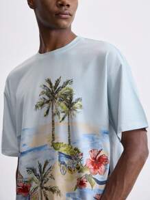 Maija 2025 Sommer Neu Tropischer Regenwald Hawaii Resort Stil Palmenbaum Muster Rundhals Kurzarm Pullover Herren T-Shirt, modern elegant lässig Büro Pendeln Alltagstragen, passend für Hochzeitsgäste, Angestellte, Flughafen, Strandurlaub, Konzert, Party und andere Anlässe