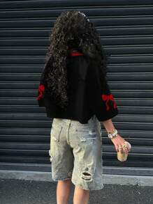 SHEIN EZwear 女士休闲 V 领宽松蝴蝶和数字 23 印花网眼短袖 T 恤，适合夏季和体育活动 - 紅色和黑色 - 查看 2