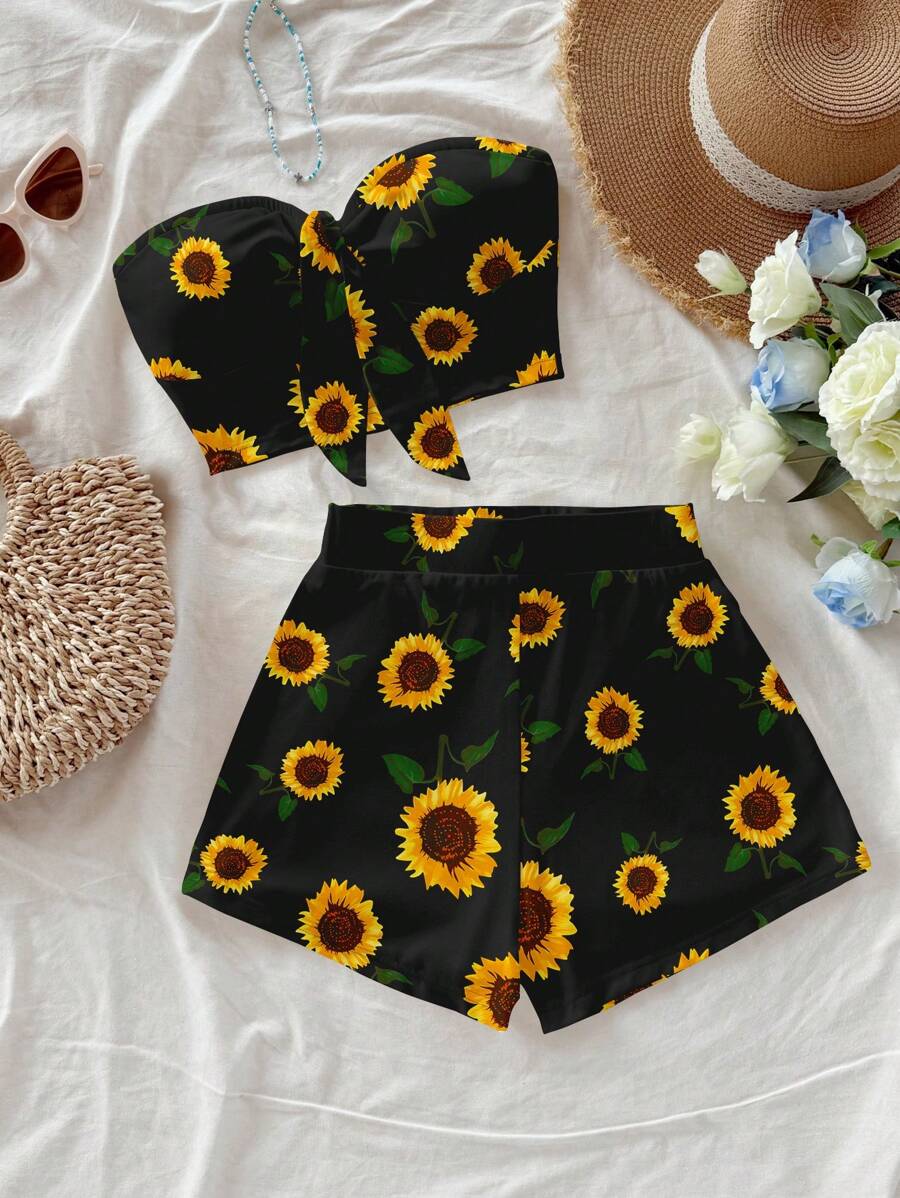 Soleia 女士休闲度假打结前抹胸上衣和紧身迷你短裤套装，适合夏季，向日葵和花卉印花 - 黑色 - 查看 1