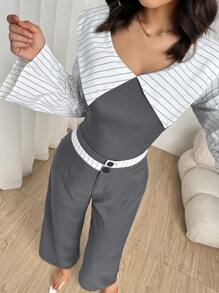 Modelyn 女士露肩条纹上衣和阔腿条纹裤两件套 - 灰色 - 查看 3