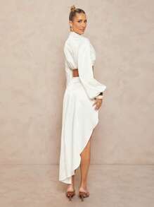 Lumalex Ensemble de 2 pièces en satin asymétrique pour femme, robe fourreau avec encolure en V, manches bouffantes, froncée et fente haute. Tenue d'été pour fête en blanc, cérémonie de passage à l'âge adulte, mariage, banquet, plage, bord de mer - Vert - Voir 2