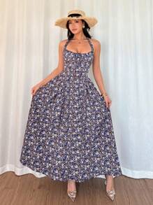 Breezaya Đầm dài họa tiết hoa chữ A cổ thấp thanh lịch, buộc eo, viền chữ A, khóa kéo ẩn phía sau dành cho nữ, mùa xuân/hè - Nhiều màu - Xem 4