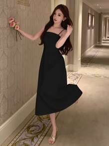 DAZY Vestido de fiesta de mujer con tirantes negros de unicolor