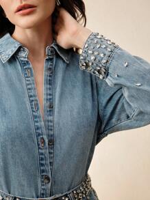 Anewsta 镶有水钻的休闲百搭牛仔衬衫，适合优雅的商务休闲女性 - 藍色 - 查看 2