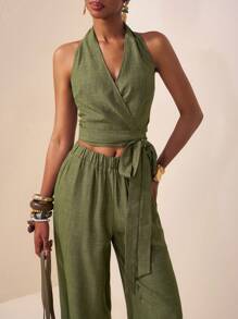 Zivah 2025 Summer New Style Birthday Party Daily Outing Basic And Versatile Leisure Vacation Cruise Travel Beach Seaside Sunbathing Internet Celebrity Hot Style Street Style Elegant Commuter Business Casual Halter Strap Sexy Backless Slim Fit Women's Top And Wide Leg Pants Pockets Top Wrap Military Green Textured Bamboo Fabric Summer Suit Women's Two-Piece Suit - Army Green - View 7