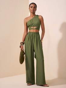 Veslaya Autumn And Winter Elegant Vacation Daily Date Birthday Party Simple Commuter One Shoulder Waist Cross Strap Slim Fit Top + Wide Leg Ultra-Long Pants Woven Fabric Plus Size Women's Sets - Green - View 9