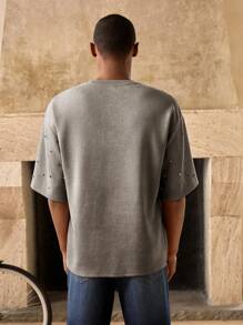 Manfinity BRENVOR Camiseta de cuello redondo holgada con costillas de forro polar para hombre - Negro - Ver 2