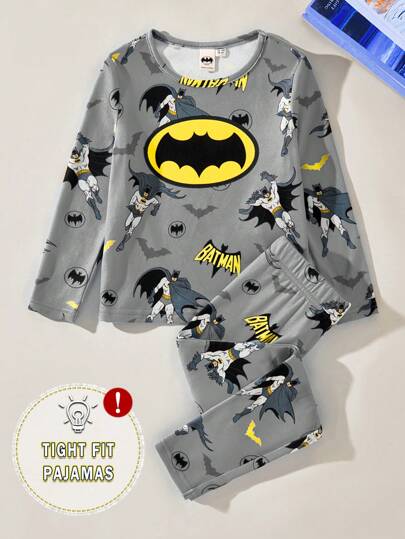 BATMAN X SHEIN 85th Young Boy Cartoon Full Print Elastic Knit Round Neck Snug Fit Loungewear Pajamas Set
