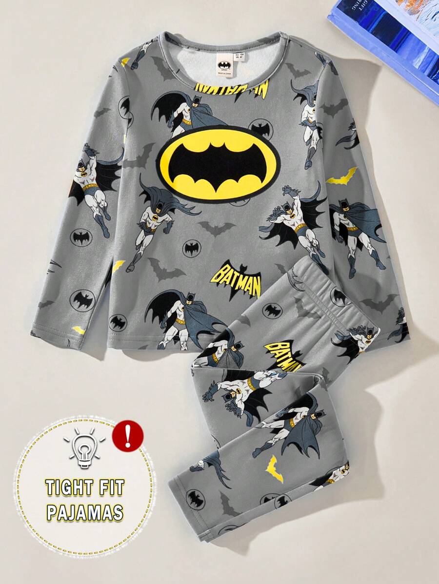 BATMAN X SHEIN 85th 小男孩卡通全印花弹力针织圆领舒适家居睡衣套装