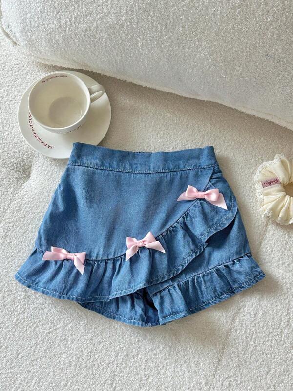 SHEIN LMoss Kids Infant/Baby GirlPink Bow Accent Blue Denim Flounce Shorts/Skort