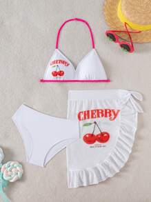 Tween 3 Pieces Cherry Bikini Swimwear Set For Beach Party - White - View 4