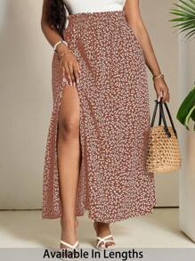 SHEIN PETITE CURVE Plus Size Summer Vacation Ditsy Floral Split Hem Maxi Skirt With High Slit, Summer Vacation Country Concert - Red - View 1