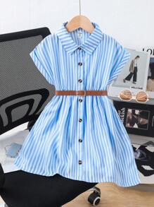 SHEIN Elladie kids 女童春季宽松梭织蝙蝠袖粉色条纹领前扣衬衫裙，配时尚腰带，舒适休闲，适合日常穿着和度假 - 淺藍色 - 查看 4
