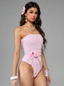 ROMWE Avant Y2K Floral Print Bodysuit For Women - Baby Pink - View 5