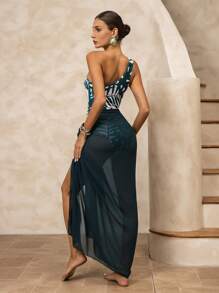 Swim Oasis 2pcs/Set Women's Summer Beach Vacation Sexy One Shoulder Hollow Pearl One-Piece Swimsuit With High-Quality Digital Printed Mesh Maxi Skirt Set - Dark Green - View 5