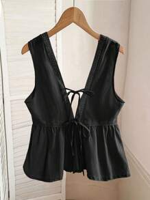 INAWLY Nuevo top sin mangas de verano con corte en "V" profundo, adorno de encaje y estampado floral, efecto estilizante - Negro - Ver 2