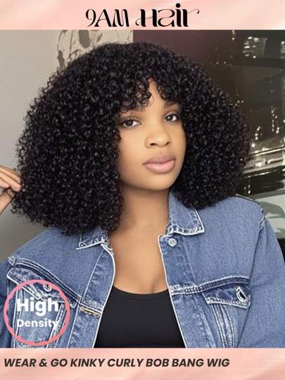 Density Pro Kinky Curly Bangs Peruk Hel maskintillverkad peruk 250 % densitet Naturlig svart kort hår peruk