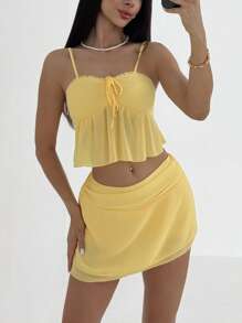 Aloruh Completo da donna in due pezzi per uso quotidiano estivo, top a canottiera e gonna di colore giallo burro, abbigliamento da spiaggia per vacanze, stile boho tropicale - Giallo - Visualizzare 3