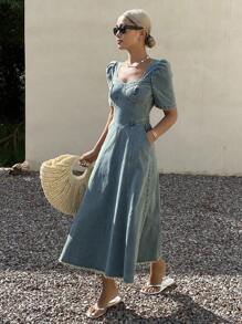 Livesso Vestido vaquero de mujer con cuello cuadrado, mangas de farol y flecos, estilo occidental lavado para el verano