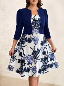 SHEIN Clasi Vestido de talla grande 2 en 1 elegante con estampado floral de contraste de color