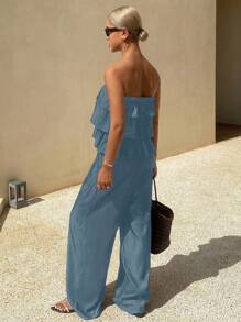 DAZY Women's Summer Solid Color Ruffle Hem Tube Top & Shorts Set,Women Two Pieces Sets