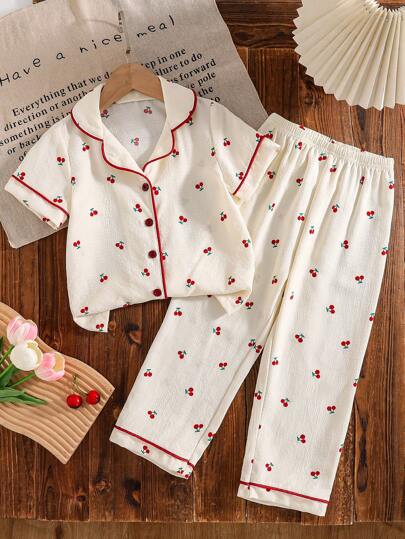 Genkimix Kids Young Girls Pajamas 2pcs Sets Featuring Rabbit & Floral Print Short Sleeve Cardigan With Pleated Long Pants, Summer Sleepwear Cherry Pajama Set Kids Pajama Set