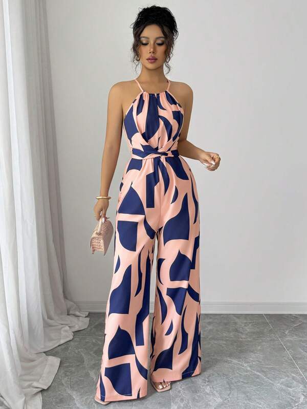 Elenzga Women's Elegant Print Fabric Ruched Jumpsuit, Suitable For Vacation And Daily Wear