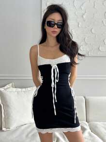 DAZY 女士吊带背心拼色纹理迷你连衣裙，休闲女士连衣裙 - 黑與白 - 查看 7