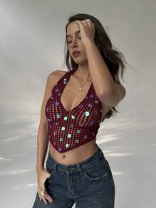 Aloruh Damen gestricktes trägerloses rückenfreies ärmelloses Pailletten sexy Crop Top, Sommer Strand Boho Tropical Urlaub Rave Festival Country Konzert Ibiza Western Wear