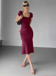 DAZY 女士纯色裹身方领鱼尾中长连衣裙 红色 女士圣诞连衣裙 - 酒紅色 - 查看 3