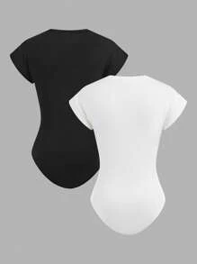 2pcs/Set Tween Girl Fitted Casual Simple Comfortable Stand Collar Short Sleeve Buy One Get One Free Jumpsuit