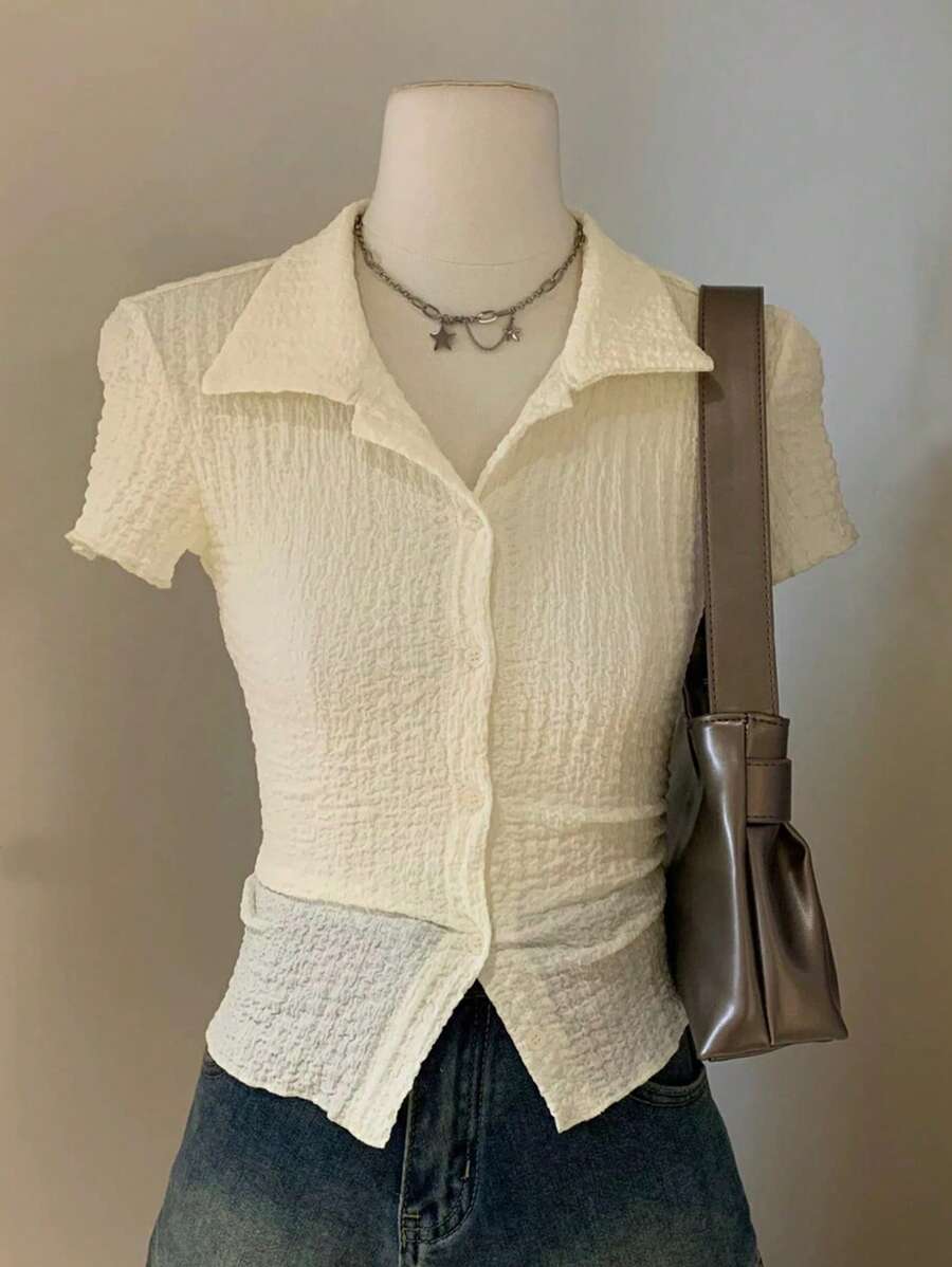 新款修身甜美时尚修身马球领纯色女上衣 - 杏色 - 查看 1