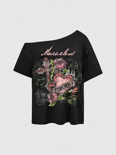 Grunge Punk Sexy Asymmetrical Neck Skull & Rose Print Graphic Basic Summer Plus Size Vintage Street T-Shirt