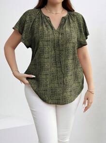 SHEIN Clasi Plus Size Women's Fashion Solid Color Short Sleeve Blouse - Green - View 2