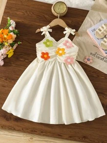 SHEIN Váy chắp vá nơ thắt lưng thêu hoa dễ thương cho bé gái, mùa hè - Nhiều màu - Xem 3