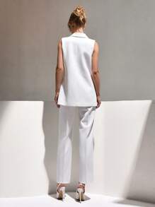 CLARA VERO Conjunto de traje elegante de dos piezas para mujer, chaqueta sin mangas de solapa doble botonadura con parches de unicolor y pantalones, ropa de verano profesional para mujer, conjunto de verano para mujer en color blanco - Blanco - Ver 2