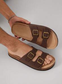 SHUZIA All-Time Bestseller Men's Replica Coffee Double-Buckle Cork Footbed Slide Sandals–Timeless, Supportive & Versatile For Christmas - Coffee Brown - View 2