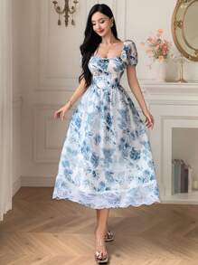 DAZY 女士夏季度假印花泡泡袖蕾丝拼接腰部中长连衣裙 - 藍色 - 查看 1