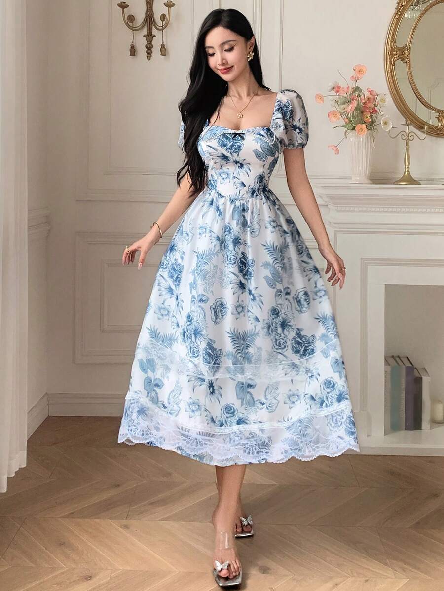 DAZY 女士夏季度假印花泡泡袖蕾丝拼接腰部中长连衣裙 - 藍色 - 查看 1