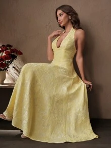 SHEIN Unity Spring, Summer Elegant Chic Backless Women V-Neck Pink Bow Decor A-Line Dress - Butter Yellow - View 1