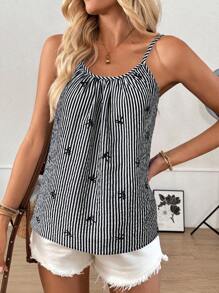 SHEIN LUNE Top de tirantes tipo camiseta informal con estampado de mariposas y rayas, estilo vacacional para verano