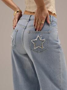 Forever 21 Damskie letnie, luźne, luźne, swobodne, haftowane gwiazdy, jeansy z niskim stanem i lekkim spranym denim